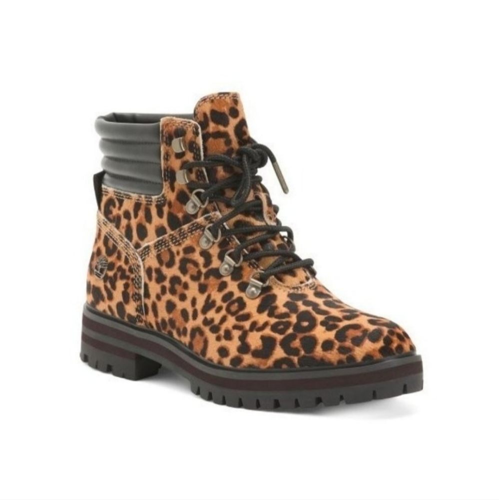 Timberland London Square Cheetah Print Calf Hair Combat Mid Hiker Boots Size 8